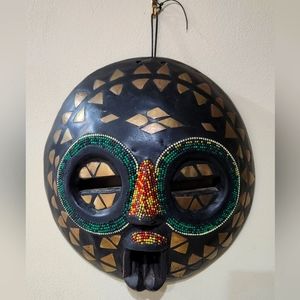 Vintage Ghana African Hand Carved Tribal Mask -  Inlaid Brass & glass Beads